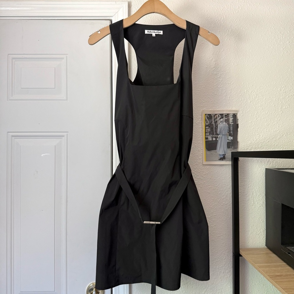 REFORMATION black satin swishy nylon square neck racer back belted mini dress